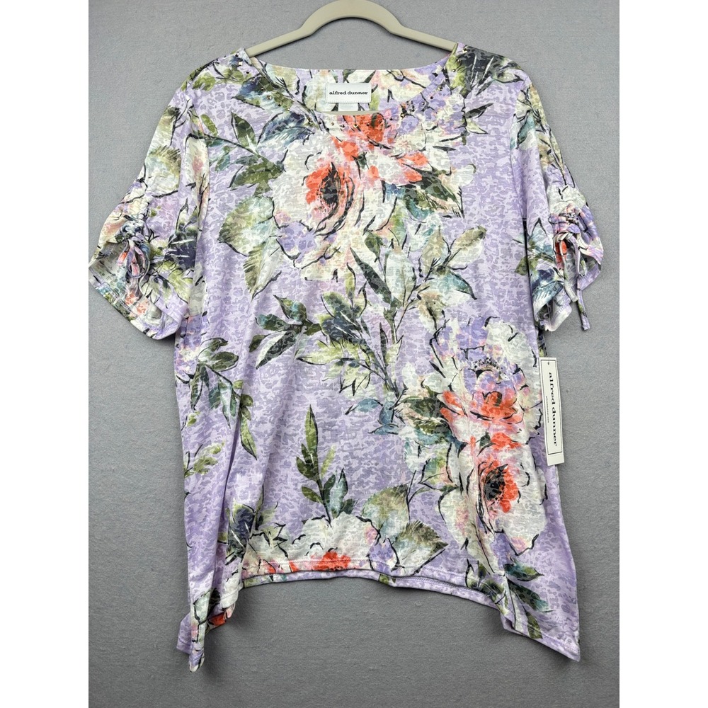 Alfred Dunner Top Womens L Floral Embellished Ruched Sleeve NWT